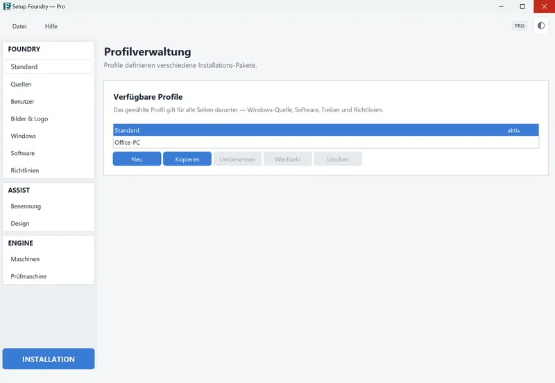Das Hauptfenster von Setup Foundry nach dem Start, mit der Seitenleiste.