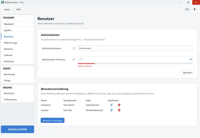 Die Seite Benutzer mit Administrator und Benutzerverwaltung.