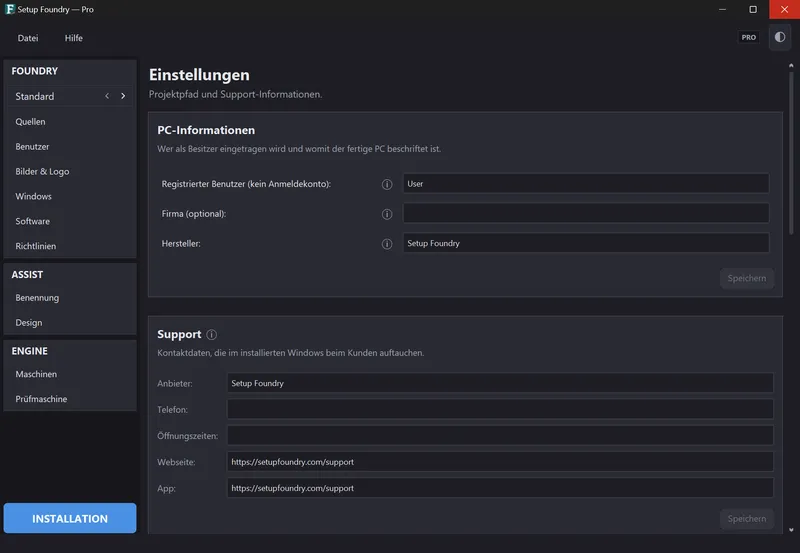 Die Einstellungen mit dem Abschnitt PC-Informationen.