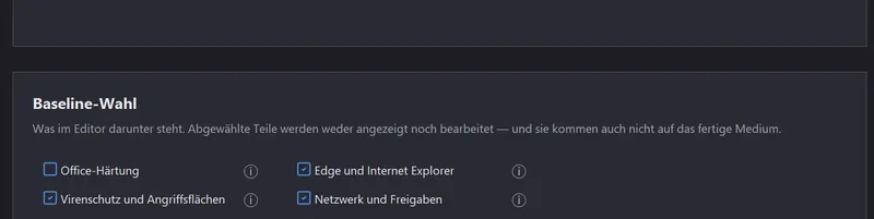 Die Baseline-Wahl mit den Kästchen der Pakete.