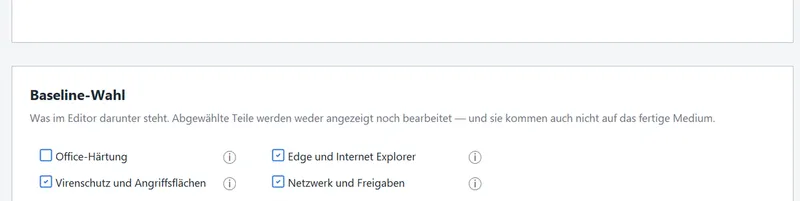 Die Baseline-Wahl mit den Kästchen der Pakete.