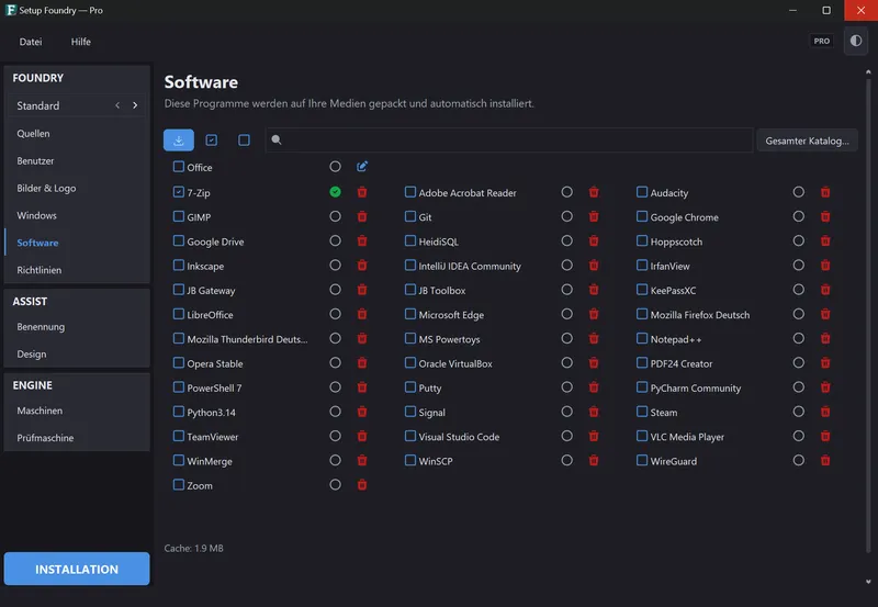 Die Seite Software mit der Auswahl für dieses Profil.