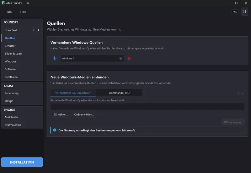 Die Seite Quellen mit den importierten Windows-Quellen.