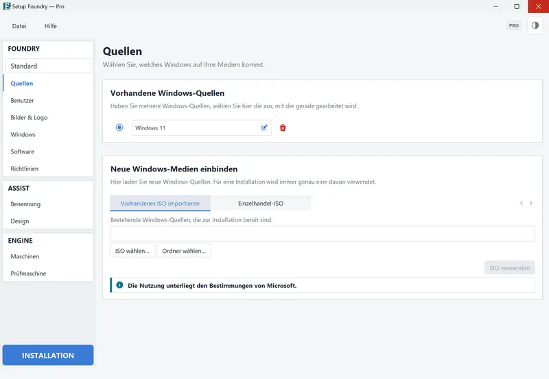 Die Seite Quellen mit den importierten Windows-Quellen.