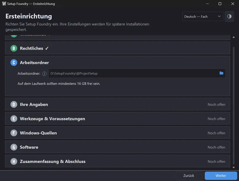 Der Schritt Arbeitsordner. Hier wählen Sie das Laufwerk, auf dem alles Weitere liegt.
