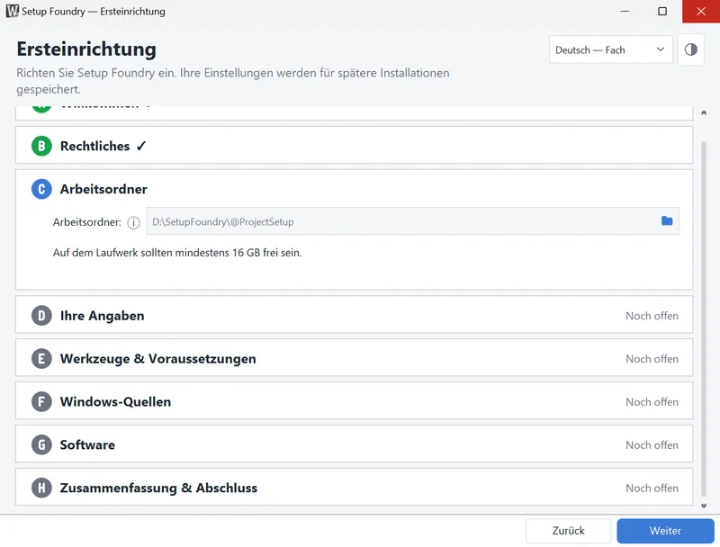 Der Schritt Arbeitsordner. Hier wählen Sie das Laufwerk, auf dem alles Weitere liegt.
