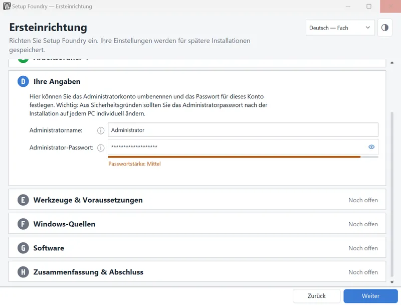 Der Schritt ausgefüllt: Administratorname und Passwort.