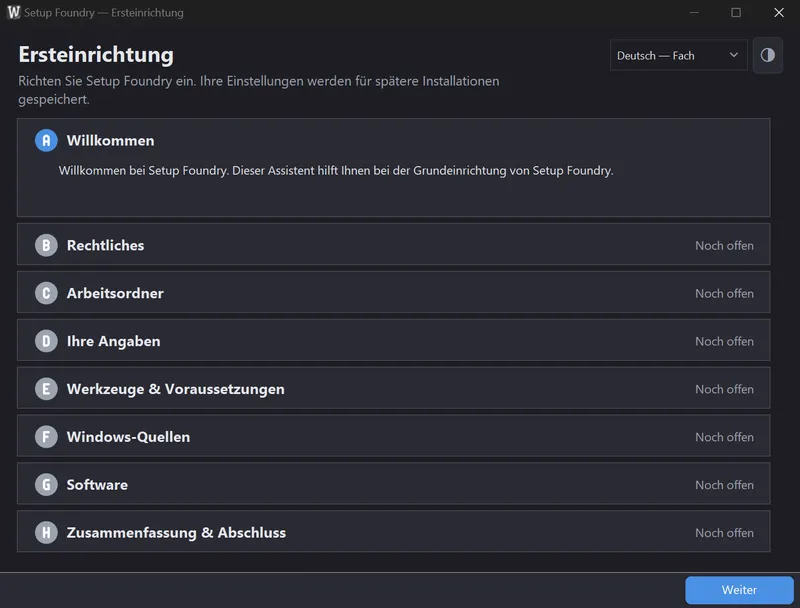 Der Assistent beginnt mit der Begrüßung.