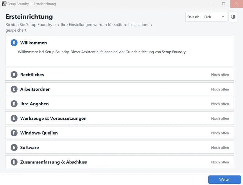 Der Assistent beginnt mit der Begrüßung.