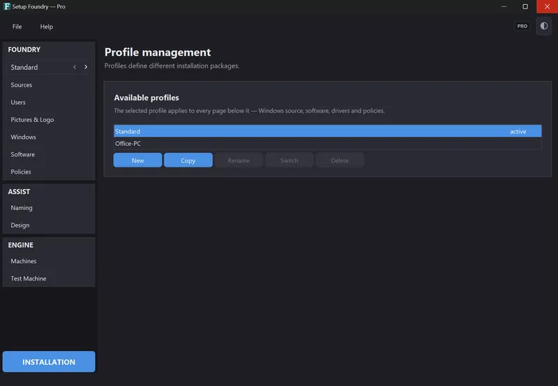 The Setup Foundry main window after start, with the sidebar.