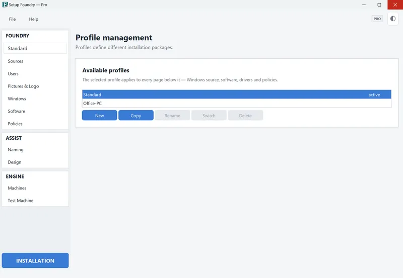 The Setup Foundry main window after start, with the sidebar.