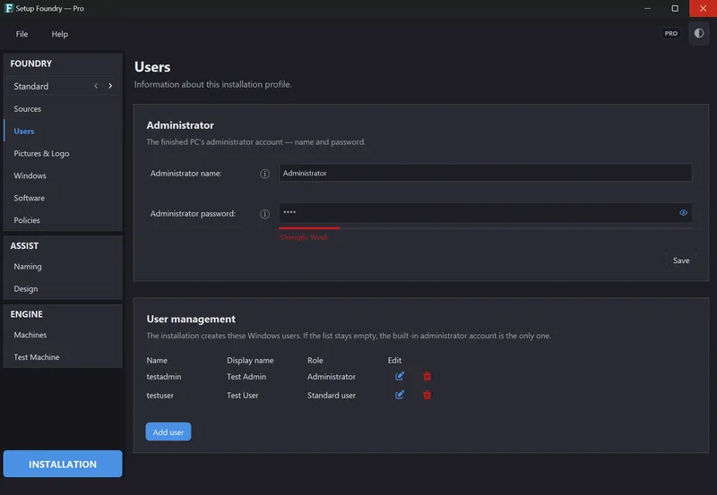 The Users page with the administrator and user management.