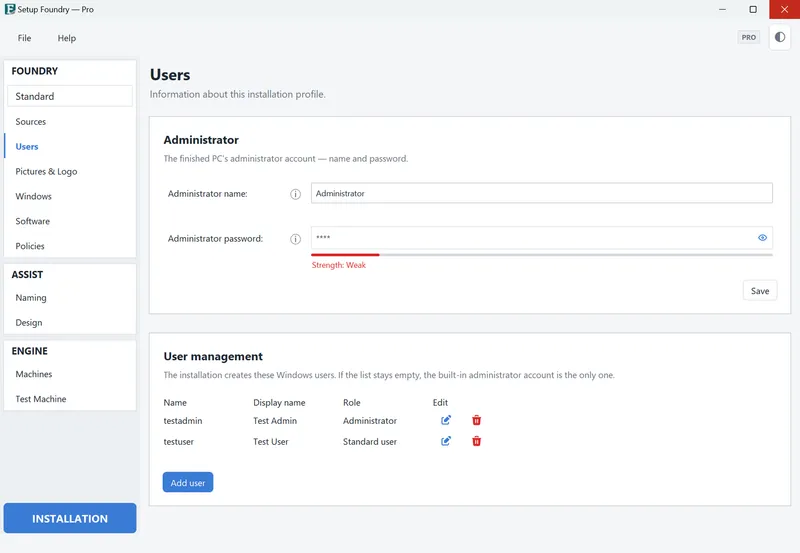 The Users page with the administrator and user management.