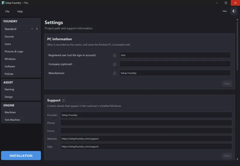 The settings with the PC information section.