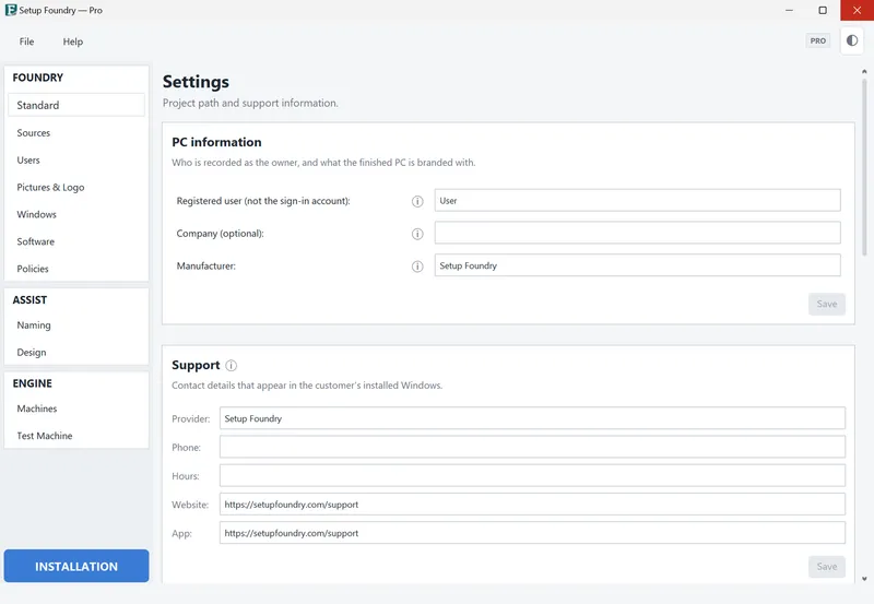 The settings with the PC information section.