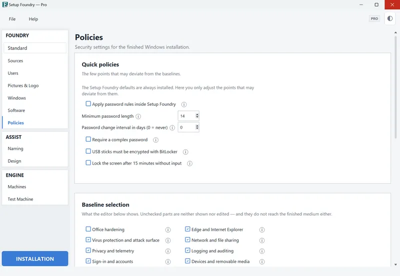 The Policies page, with quick policies at the top and package selection below.