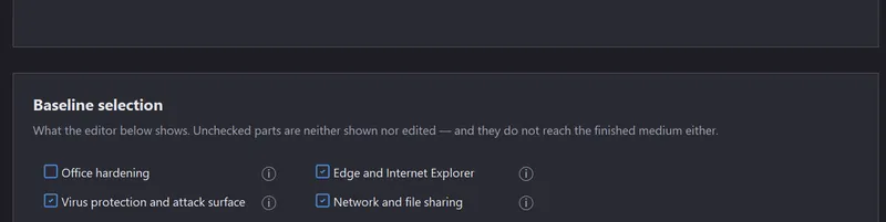The baseline selection with the package checkboxes.