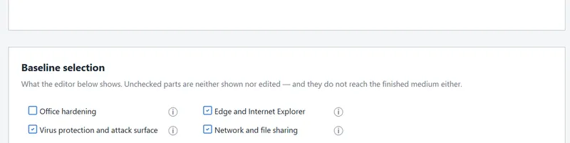 The baseline selection with the package checkboxes.