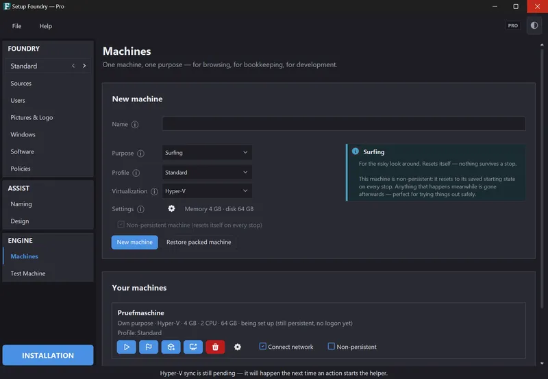 The Machines page with existing machines.