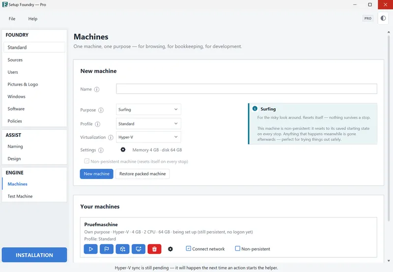 The Machines page with existing machines.