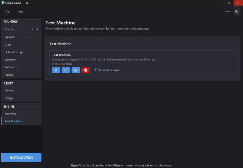 The Test Machine page before a machine has been configured.