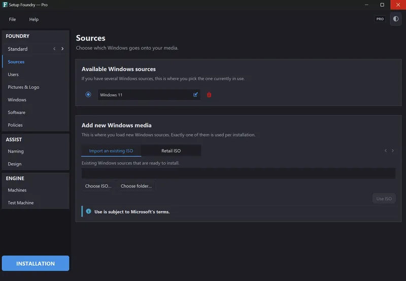 The Sources page with the imported Windows sources.
