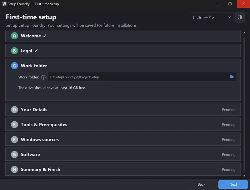 The Work folder step. Choose the drive for the Windows sources, downloaded applications, and finished media.