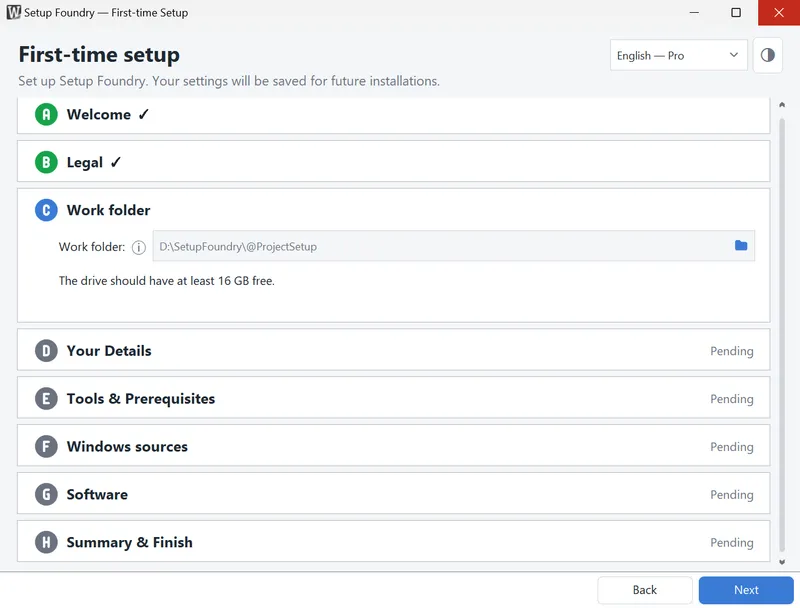 The Work folder step. Choose the drive for the Windows sources, downloaded applications, and finished media.