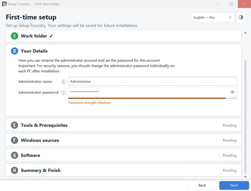 Completed step showing the administrator name and password.
