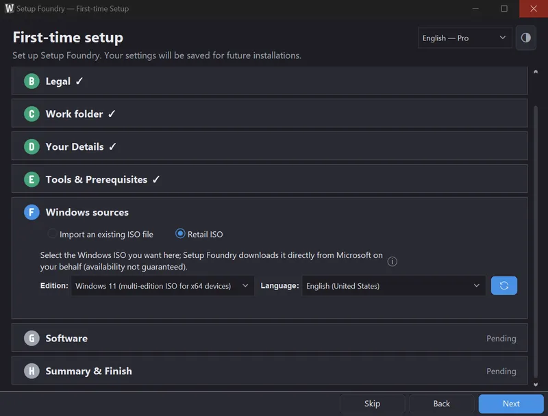 The retail ISO source with edition and language selected.